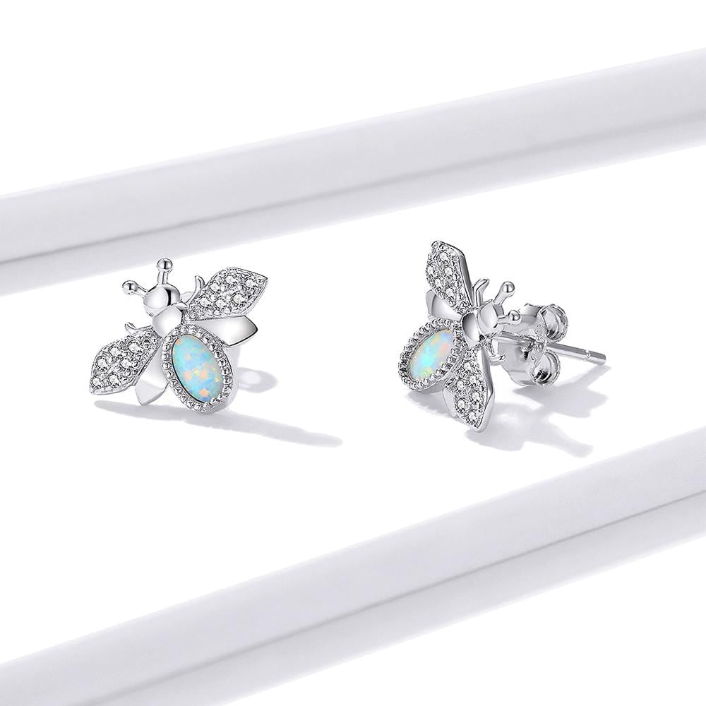 Solid 925 Sterling Silver Queen Bee Cabochon Opal Stud Earrings