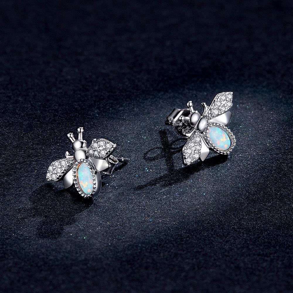 Solid 925 Sterling Silver Queen Bee Cabochon Opal Stud Earrings