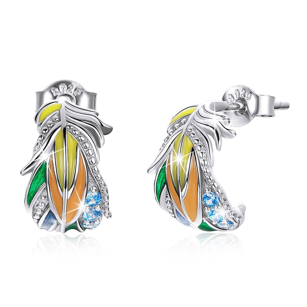 Solid 925 Sterling Silver Colourful Style Feather Stud Earrings - Brilliant Co