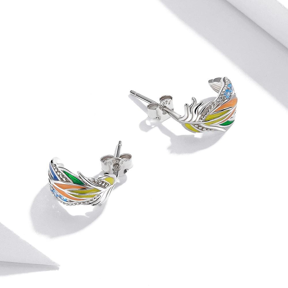 Solid 925 Sterling Silver Colourful Style Feather Stud Earrings - Brilliant Co