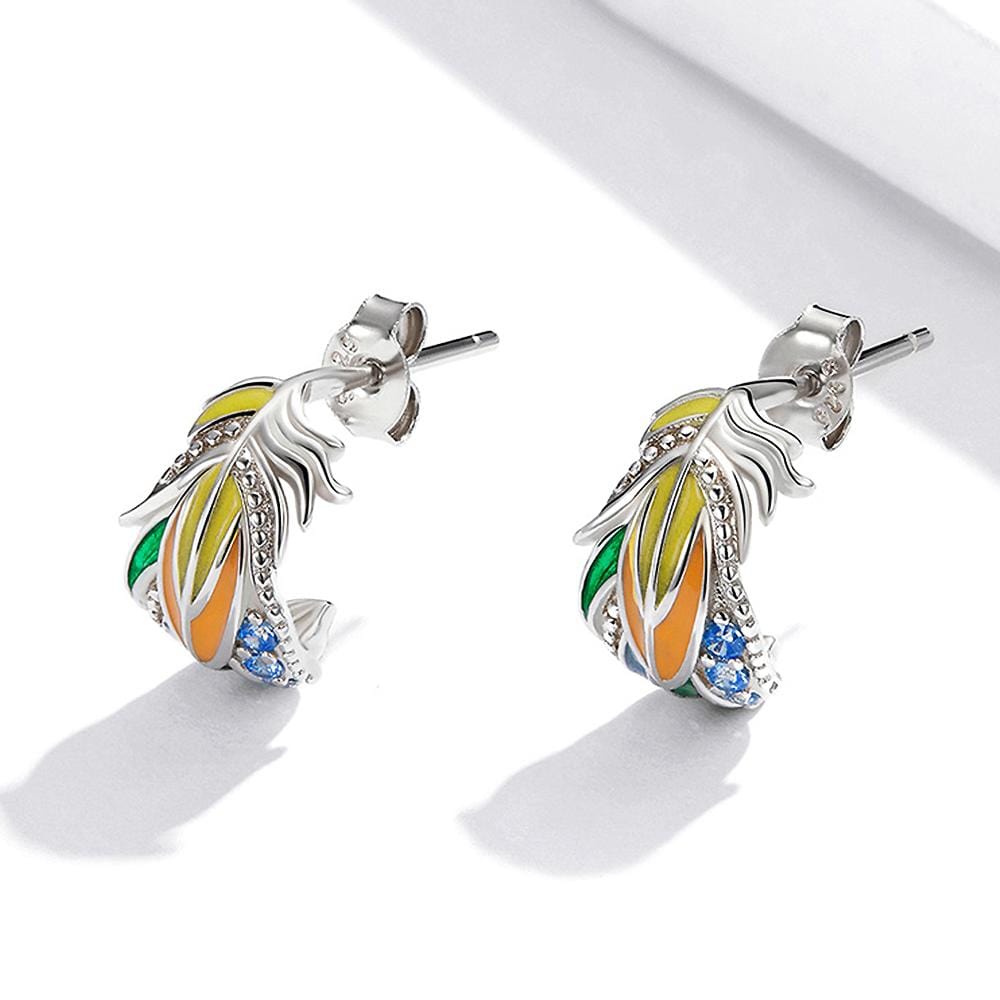 Solid 925 Sterling Silver Colourful Style Feather Stud Earrings - Brilliant Co