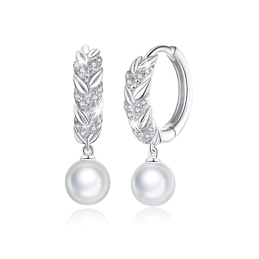Solid 925 Sterling Silver Feather with Pearl Drop Earrings
