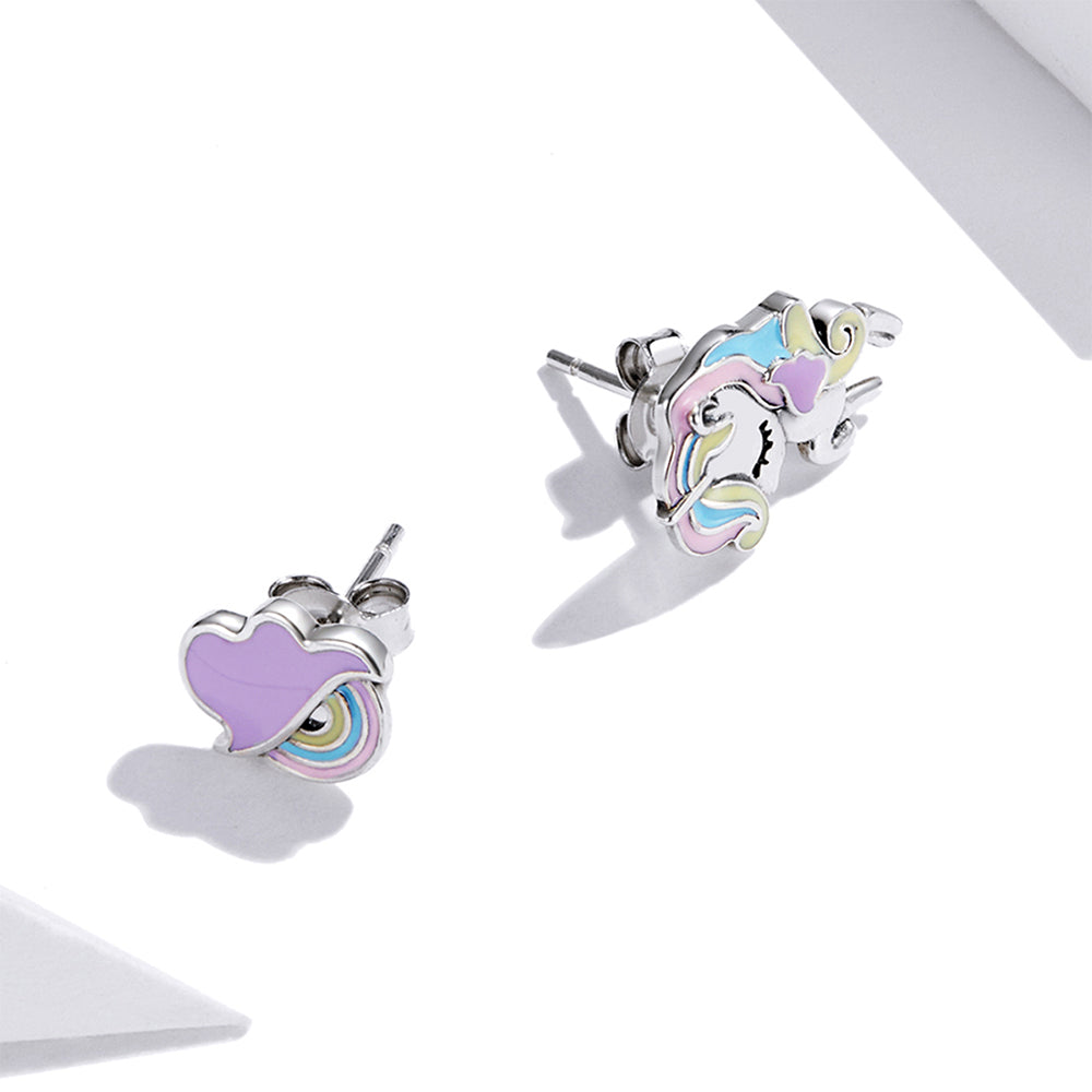 Solid 925 Sterling Silver Glitzy Pastel Unicorn Stud Earrings