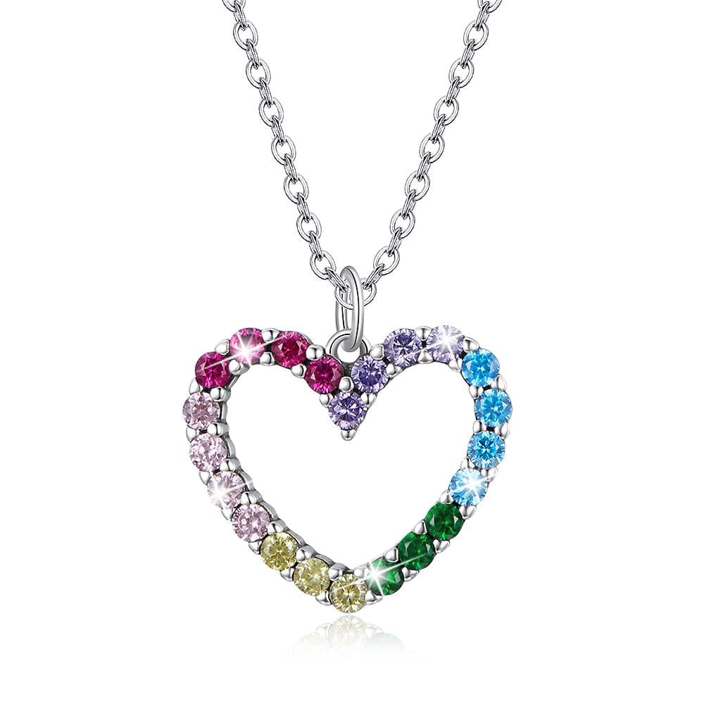 Solid 925 Sterling Silver Heart Shaped Rainbow Color Pendant Necklace