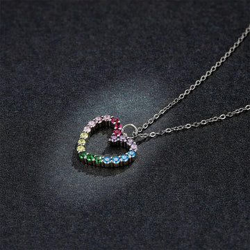 Solid 925 Sterling Silver Heart Shaped Rainbow Color Pendant Necklace