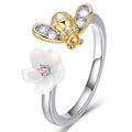 Solid 925 Sterling Silver Flower and Bee Adjustable Fashion Ring