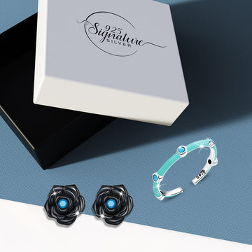 Boxed Solid 925 Sterling Silver Hints Of Blue Ring & Earrings Set