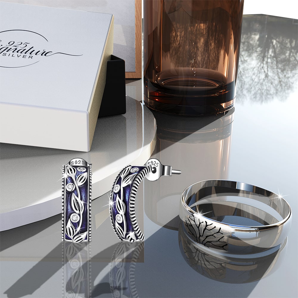 Boxed Solid 925 Sterling Silver Deep In The Forest Earrings & Silver Rings Set