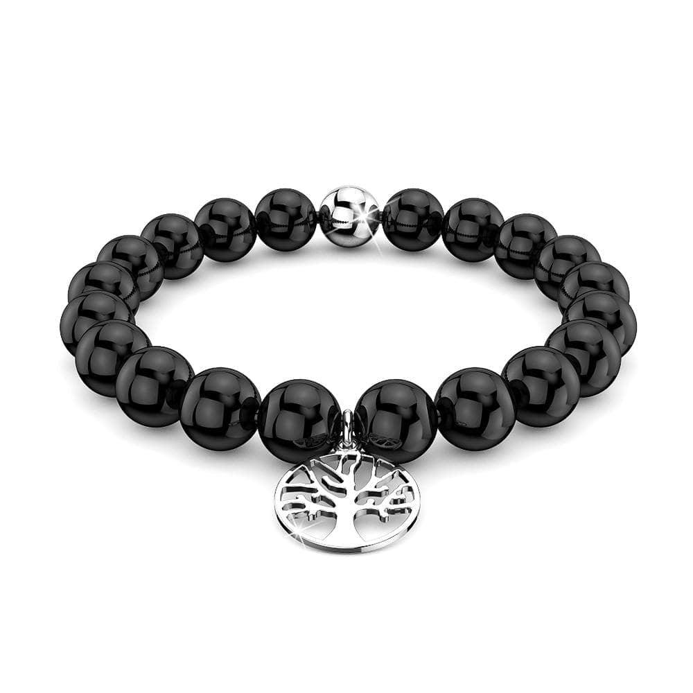 Solid 925 Sterling Silver Tree of Life Black Agate Beaded Bracelet