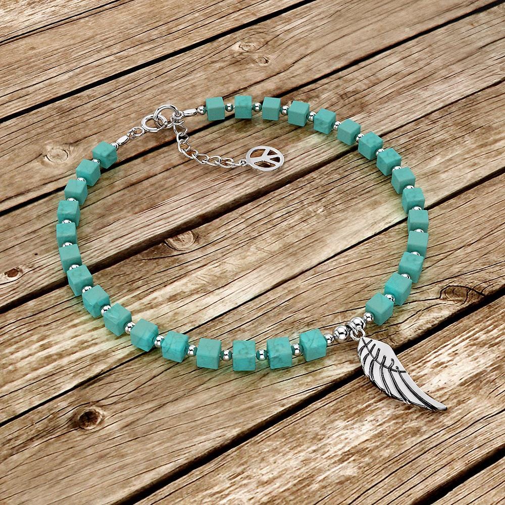 Solid 925 Sterling Silver Single Wing Turquoise Beaded Bracelet
