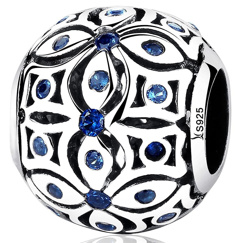 Solid 925 Sterling Silver Floral with Sapphire Blue CZ Charm