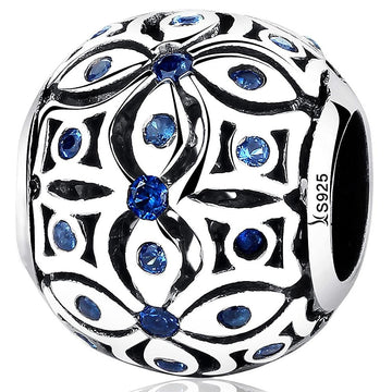 Solid 925 Sterling Silver Floral with Sapphire Blue CZ Charm
