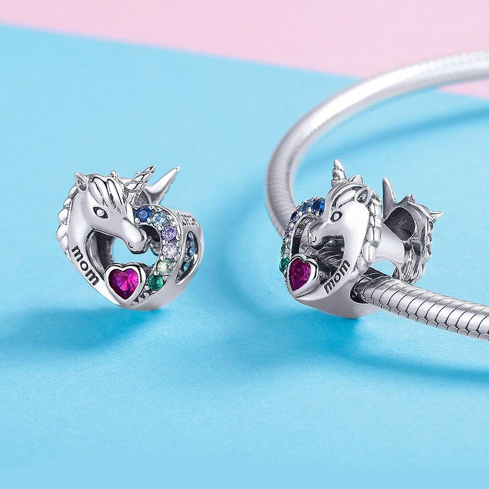 Solid 925 Sterling Silver Mom Inscription Unicorn Multicoloured CZ Charm - Brilliant Co