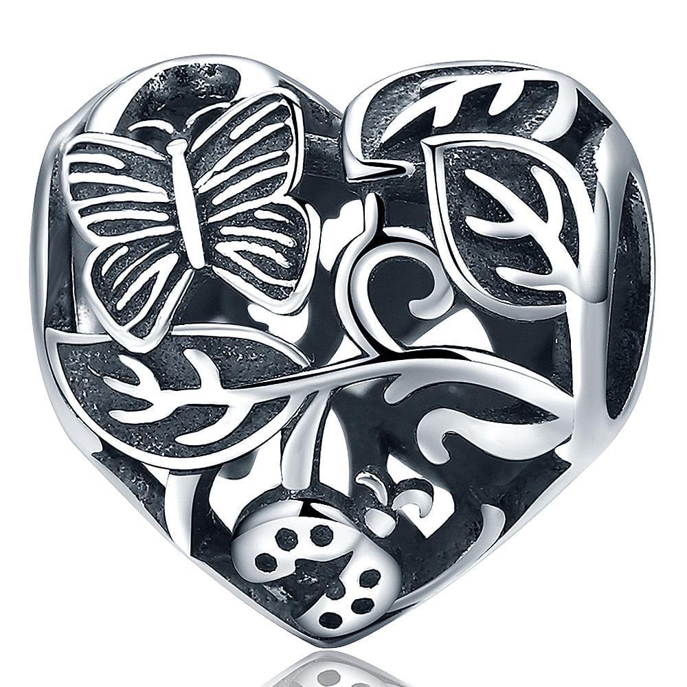 Solid 925 Sterling Silver Butterfly Garden Heart Charm - Brilliant Co