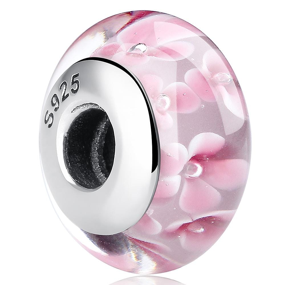 Solid 925 Sterling Silver Peach Blossom Inclusion Murano Glass Charm