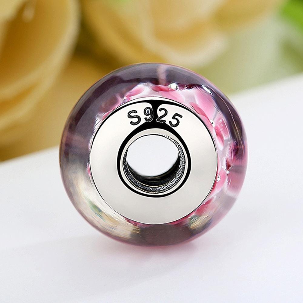 Solid 925 Sterling Silver Peach Blossom Inclusion Murano Glass Charm