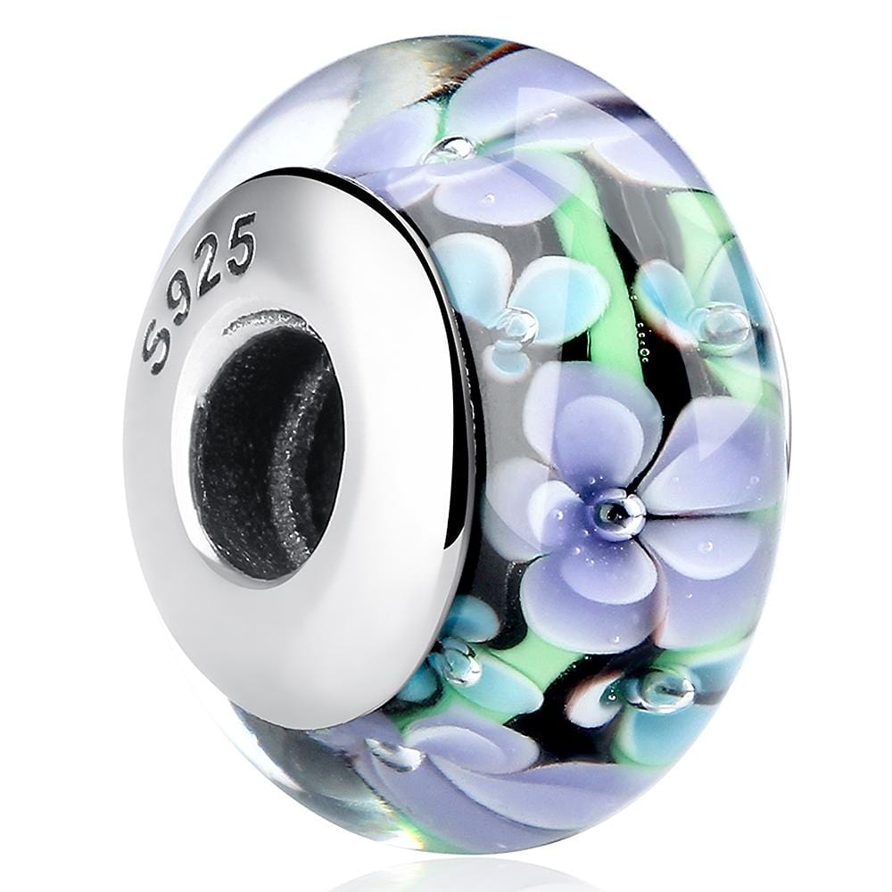 Solid 925 Sterling Silver Green and Purple Blossom Inclusion Murano Glass Charm