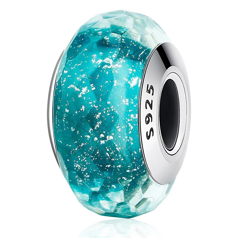 Solid 925 Sterling Silver Cyan Stardust Murano Glass Charm