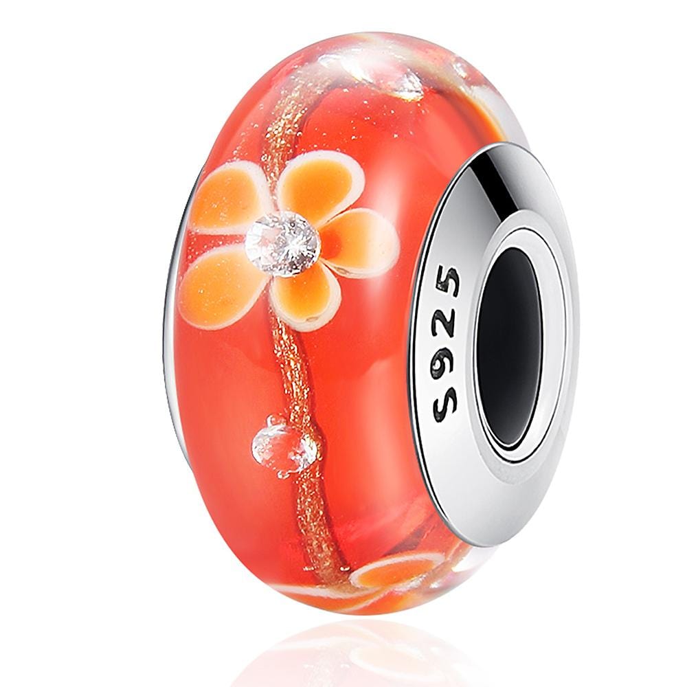 Solid 925 Sterling Silver Bright Orange Blossom Inclusion Murano Glass Charm