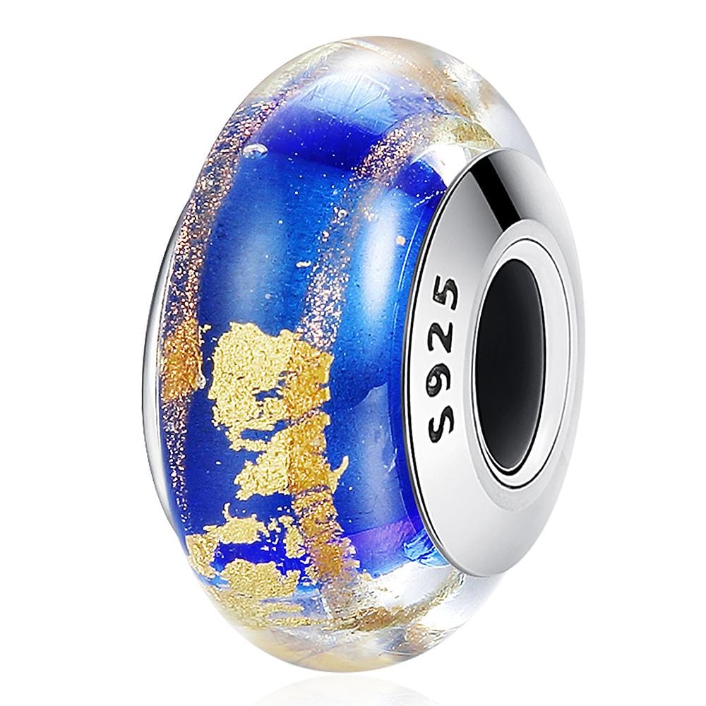 Solid 925 Sterling Silver Earth Galaxy Inclusion Murano Glass Charm