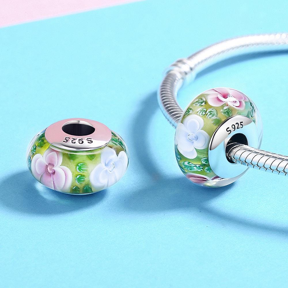 925 Signature Silver Pink and Light Blue Blossom Inclusion Green Murano ...