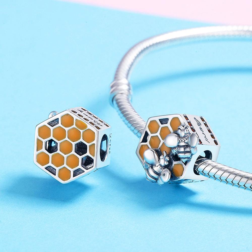 Solid 925 Sterling Silver HoneyComb Duo Bees Charm - Brilliant Co