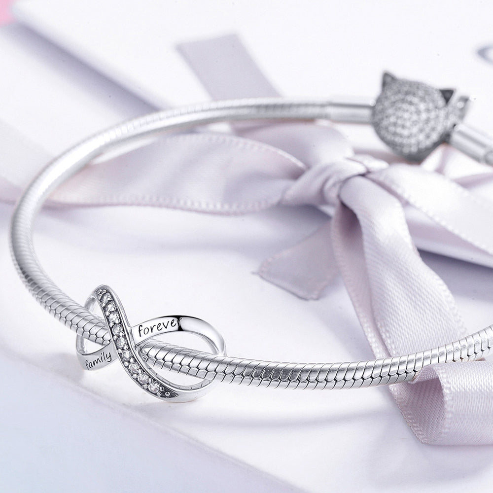 Solid 925 Sterling Silver Family Forever Infinity Pandora Inspired Charm White Gold