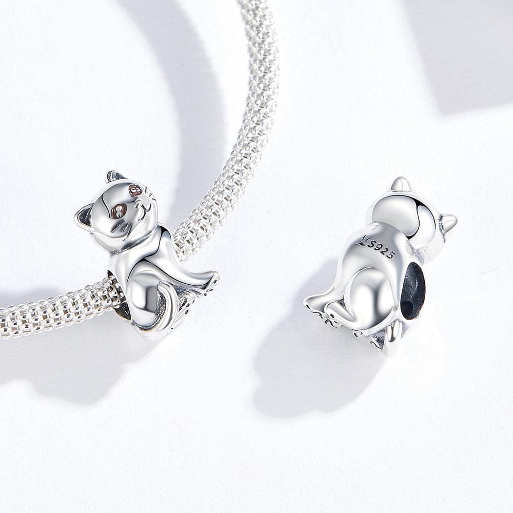 Solid 925 Sterling Silver Kitty Cat Love Pandora Inspired Charm - Brilliant Co