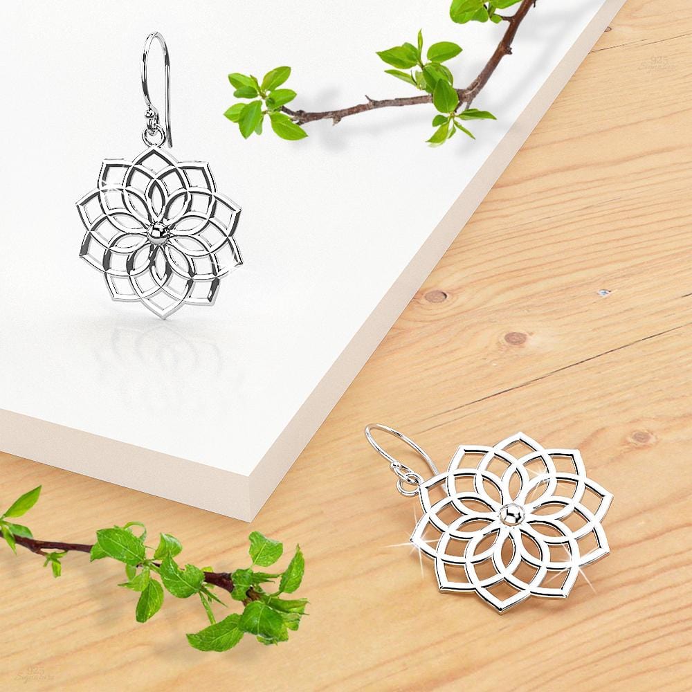 Solid 925 Sterling Silver Mandala Lotus Dangle Earrings