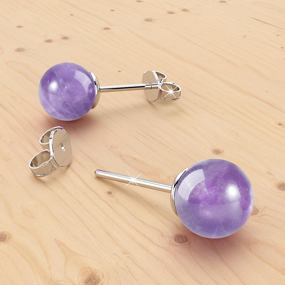 Solid 925 Sterling Silver Sphere Amethyst Stud Earrings