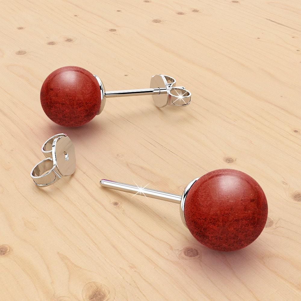 Solid 925 Sterling Silver Sphere Red Coral Stud Earrings
