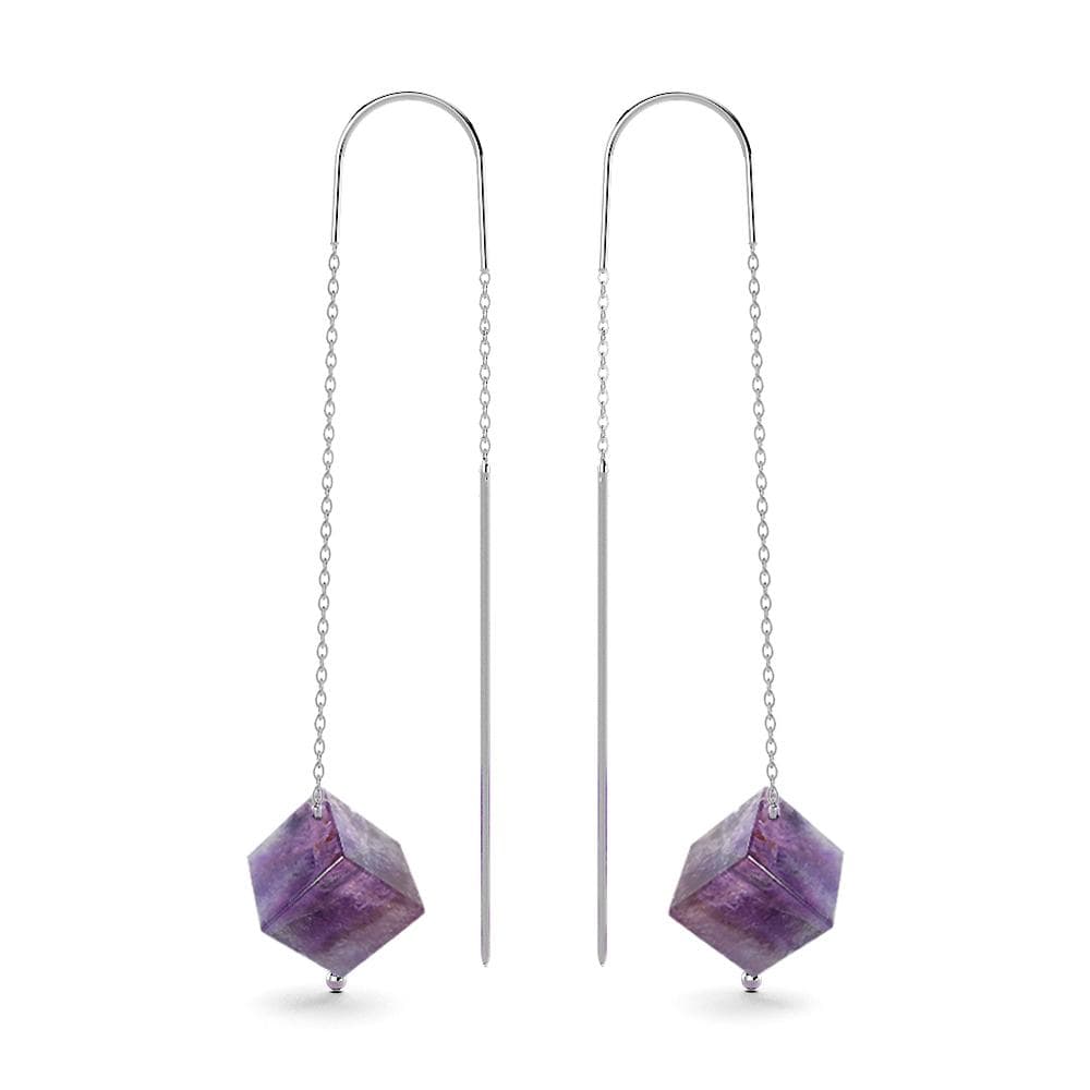 Solid 925 Sterling Silver Cubicle Cut Amethyst Threader Earrings