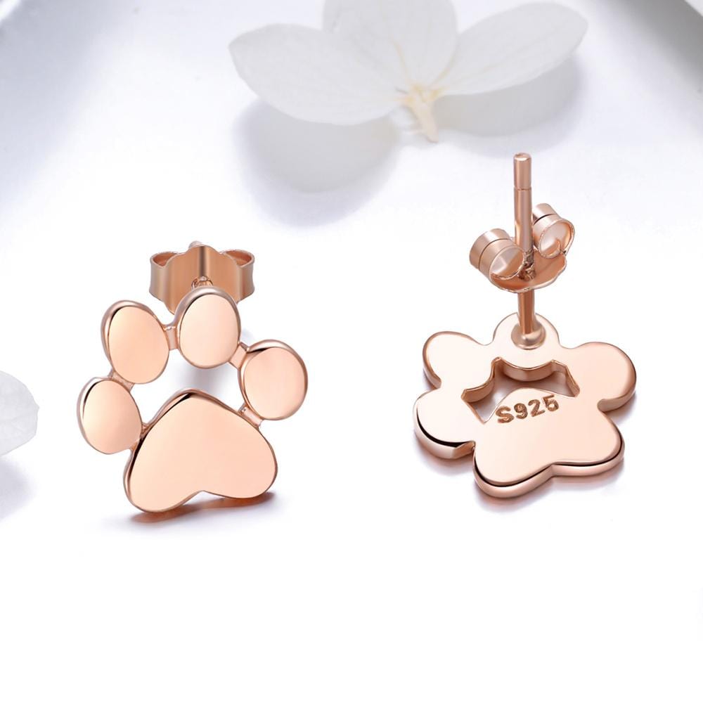 Solid 925 Sterling Silver Animal Paw Print Rose Gold Stud Earrings - Brilliant Co