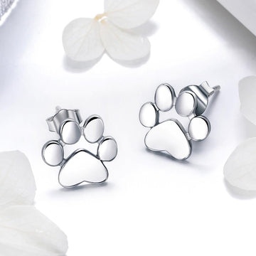 Solid 925 Sterling Silver Animal Paw Print White Gold Stud Earrings - Brilliant Co