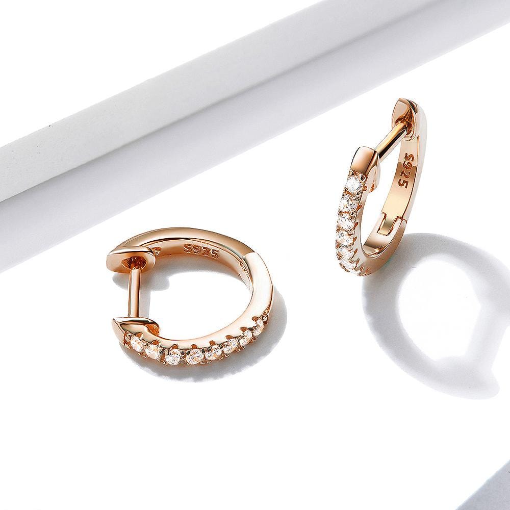 Solid 925 Sterling Silver Sparkling Zircon Rose Gold Hoop Huggie Earrings - Brilliant Co