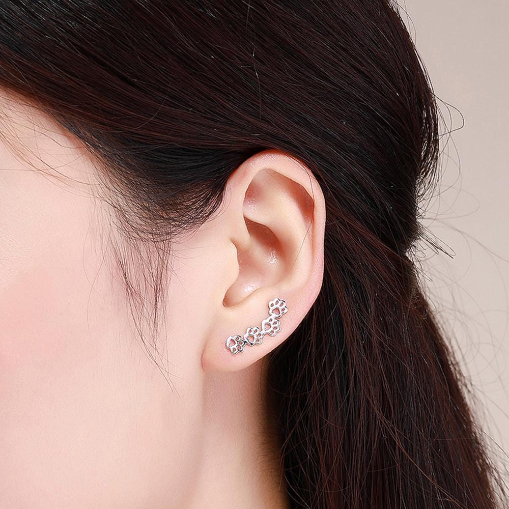 Solid 925 Sterling Silver Animal Pet Paw Print Ear Climber Earrings - Brilliant Co