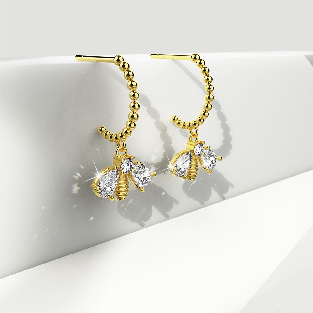 Solid 925 Sterling Silver Dancing Bee Half Hoop Earrings in Gold Vermeil