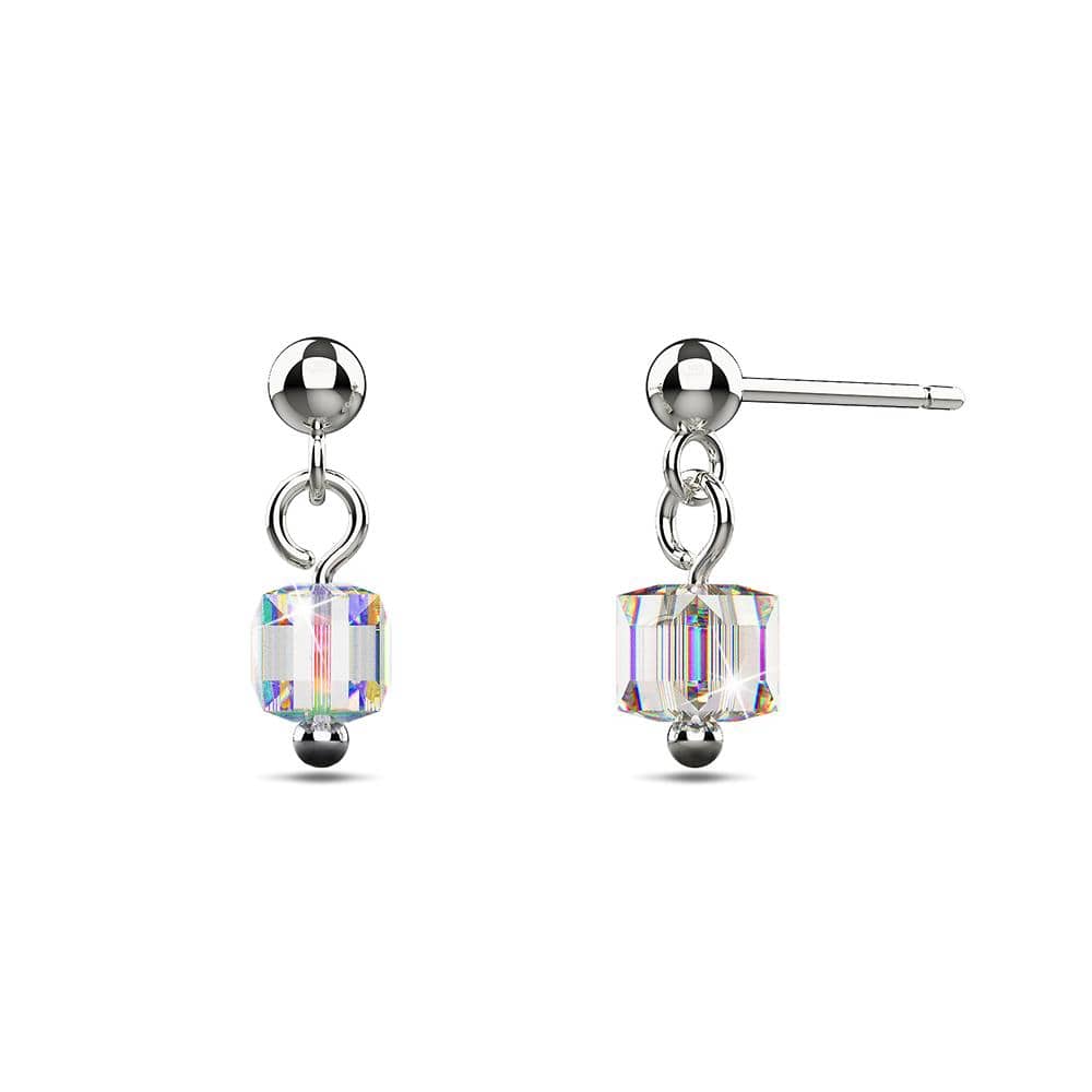 Solid 925 Sterling Silver Iridescent Cube Drop Earrings Embellished with Crystals from Swarovski