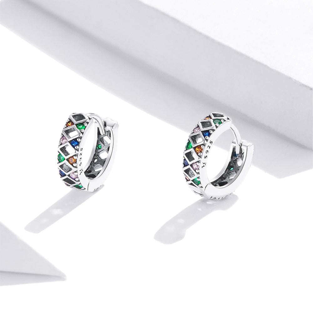 Solid 925 Sterling Silver Multicolor Diamond Cut Out Huggie Earrings