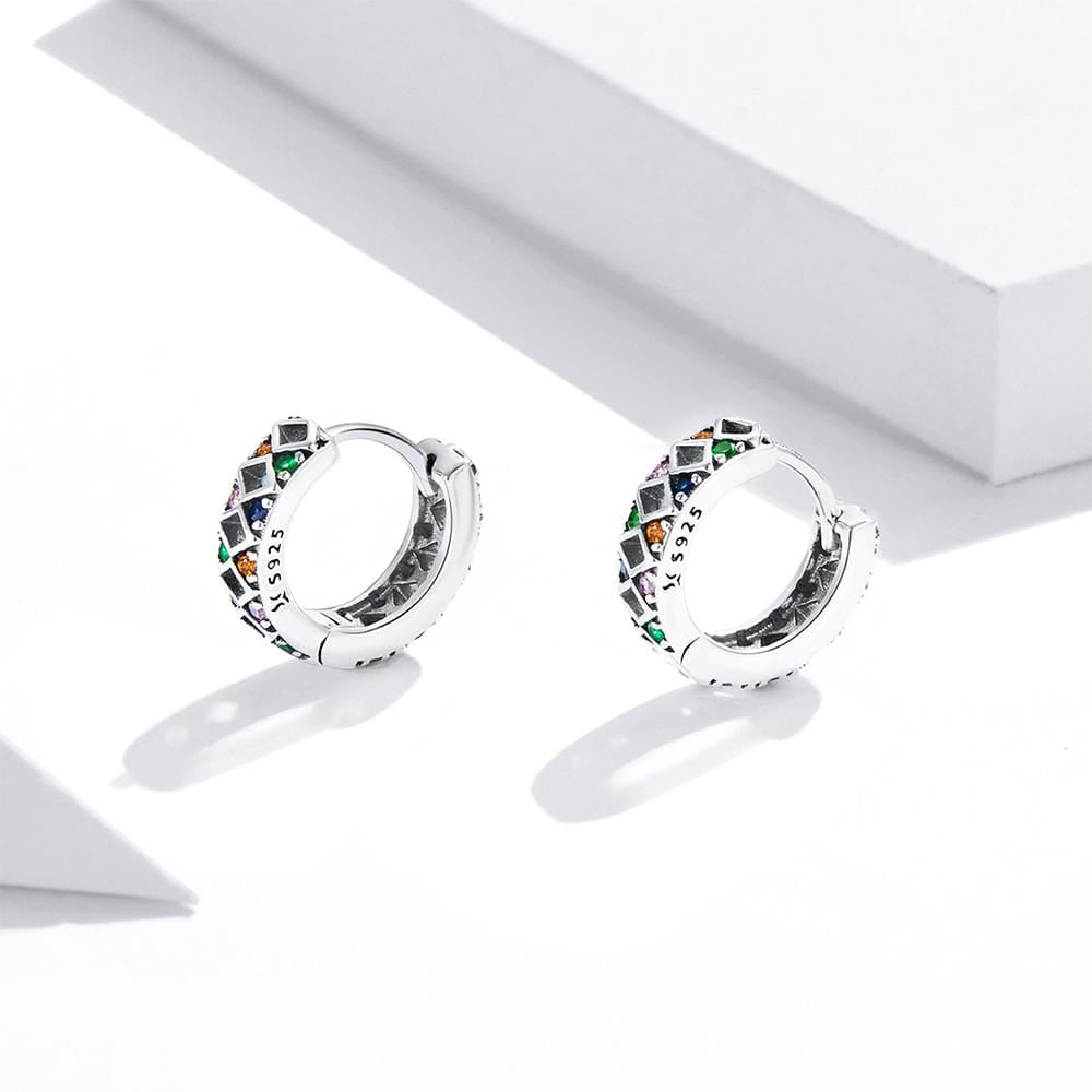 Solid 925 Sterling Silver Multicolor Diamond Cut Out Huggie Earrings