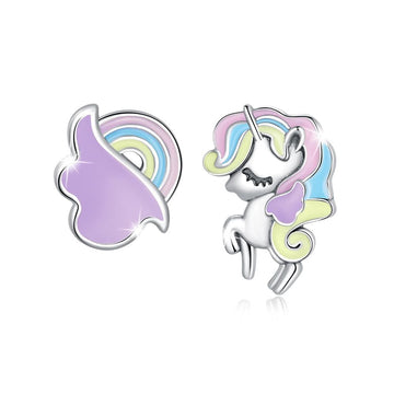 Solid 925 Sterling Silver Glitzy Pastel Unicorn Stud Earrings