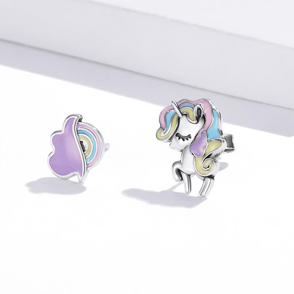 Solid 925 Sterling Silver Glitzy Pastel Unicorn Stud Earrings