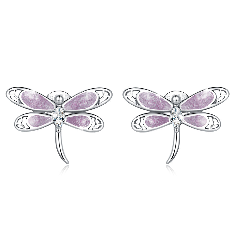 Solid 925 Sterling Silver Purple Duo Vintage Dragonfly Stud Earrings