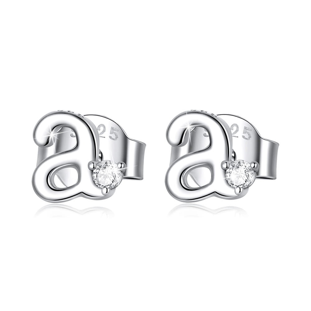 925 Signature Silver Cursive Alphabet Stud Platinum Zirconia Earrings