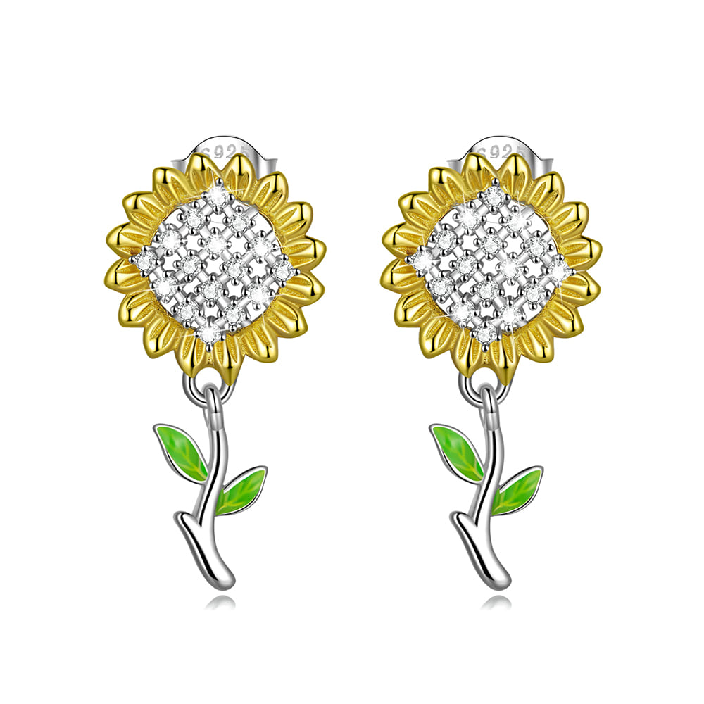 Solid 925 Signature Silver Summer Dance Sunflower Stud Earrings