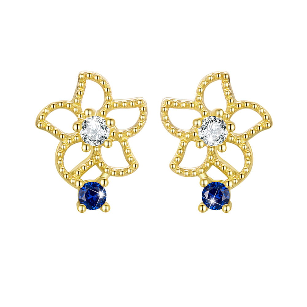 Solid 925 Signature Silver Mono Blue Flower Earrings In Gold