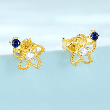 Solid 925 Signature Silver Mono Blue Flower Earrings In Gold