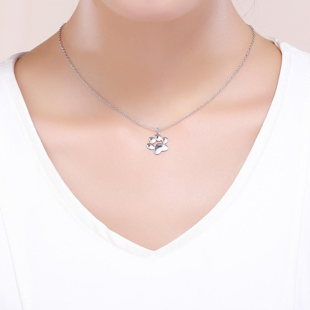 Solid 925 Sterling Silver Baby Animal Pet Paw Print Necklace White Gold - Brilliant Co