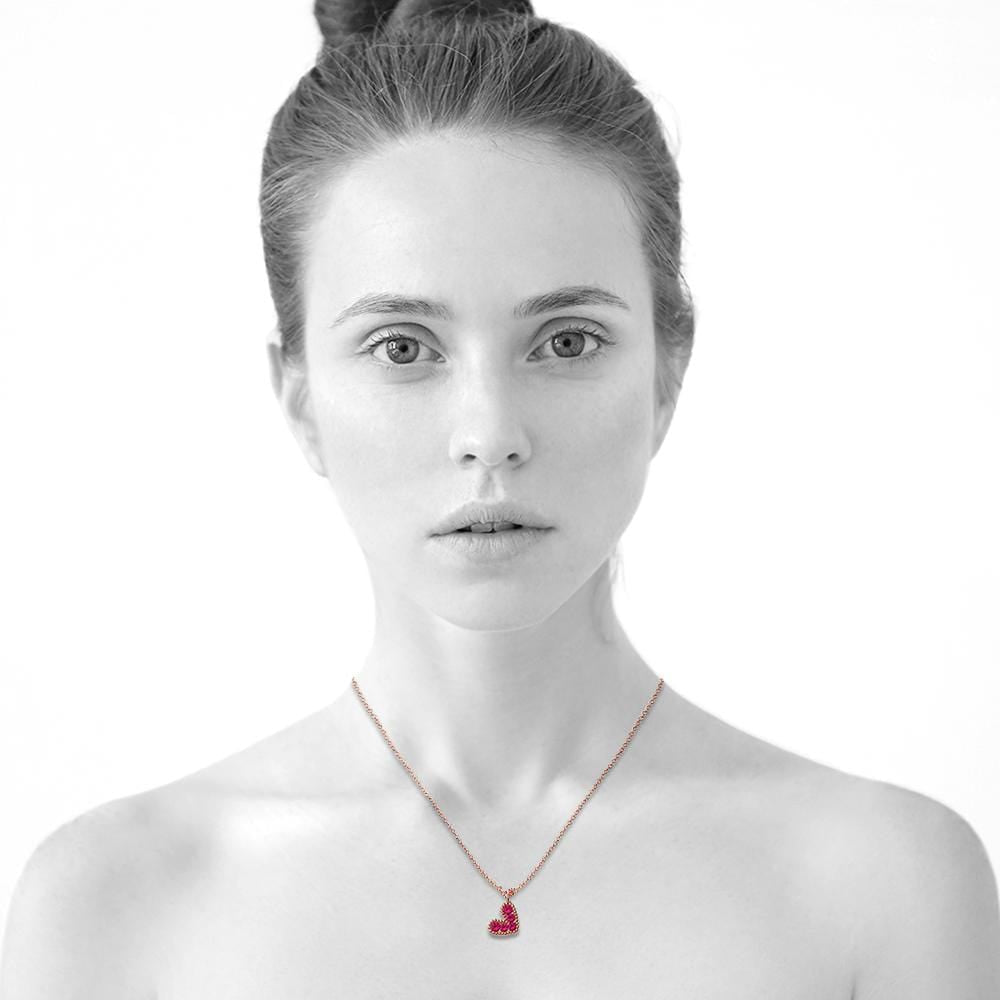 Solid 925 Sterling Silver Bright Red Corundum Crystals Heart-Shaped Pendant Necklace