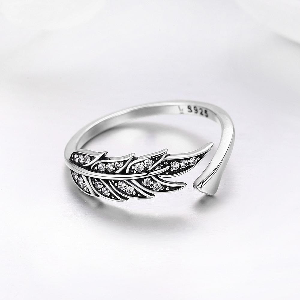 Solid 925 Sterling Silver Antiqued Angel Feather Ring